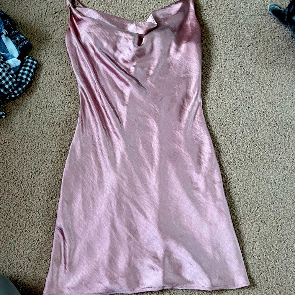 Strappy cowl neck fitting satin pink dress